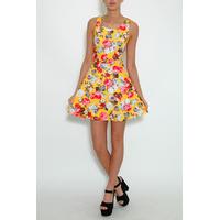 yellow floral printed mesh back skater dress