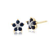 Yellow 9ct Gold 0.54ct Sapphire & Diamond Floral Cluster Stud Earrings