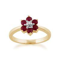 Yellow 9ct Gold 0.59ct Natural Ruby & Diamond Floral Cluster Ring