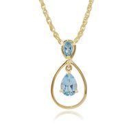 Yellow 9ct Gold 0.93ct Pear Cut Blue Topaz Two Stone Drop Pendant on Chain