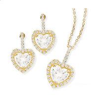 Yellow Gold Plated Silver Cubic Zirconia Heart Halo Earrings And Pendant Set