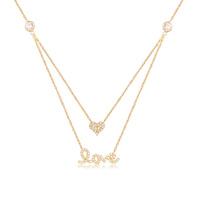 Yellow Gold Plated Silver Cubic Zirconia Heart Love 2 Layer Necklace
