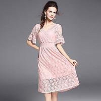 YHSPWomen\'s Going out Beach Holiday Simple Cute Sophisticated A Line Sheath Lace DressSolid Embroidered V Neck Midi Short Sleeve Polyester