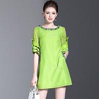 YHSPWomen\'s Going out Beach Holiday Simple Cute Sophisticated A Line Loose DressSolid Round Neck Above Knee Length Sleeve Polyester Chiffon