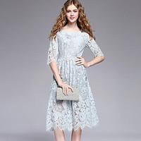 YHSPWomen\'s Going out Beach Holiday Simple Cute Sophisticated A Line Sheath Lace DressSolid Embroidered Round Neck Midi Length Sleeve