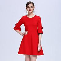 YHSPWomen\'s Going out Formal Party Cute A Line DressSolid Round Neck Above Knee Sleeve Red Black Cotton Polyester Spring Mid Rise