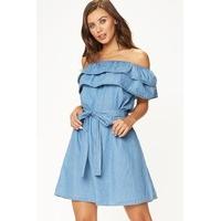 Yulia Blue Denim Bardot Mini Dress