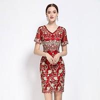 YZXH Going out Beach Sexy Sheath Dress, Embroidered V Neck Above Knee Short Sleeve Cotton Blue Red Spring Mid Rise Inelastic