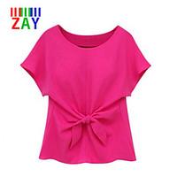 ZAY Women\'s Solid Round Collar Short Sleeve Chiffon Blouse with Bowknot