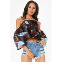 Zara Black Floral Cold Shoulder Top