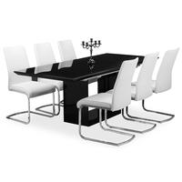 Zeus Black High Gloss Extending Dining Set with 6 Avante White Faux Leather Chairs