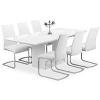 Zeus White High Gloss Extending Dining Set with 6 Avante White Faux Leather Chairs