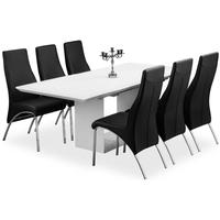 Zeus White High Gloss Extending Dining Set with 6 Eton Black Faux Leather Chairs