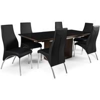 Zeus Walnut High Gloss Extending Dining Set with 6 Eton Black Faux Leather Chairs