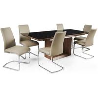 Zeus Walnut High Gloss Extending Dining Set with 6 Avante Latte Faux Leather Chairs