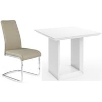 Zeus White High Gloss Square Dining Set with 4 Avante Latte Faux Leather Chairs