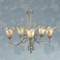 zina 5 light chandelier in nickel with white feather glass