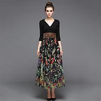 ZIYI Casual/Daily Simple A Line DressPrint V Neck Maxi Sleeve Cotton Black Spring Summer High Rise Inelastic