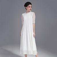 ZIYI Casual/Daily Simple A Line DressSolid Round Neck Midi Length Sleeve Others Red White Spring Summer Mid Rise Inelastic