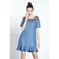 ZIYI Women\'s Casual/Daily Simple Denim Trumpet/Mermaid DressSolid Striped Round Neck Above Knee Short Sleeve Polyester Summer High Rise