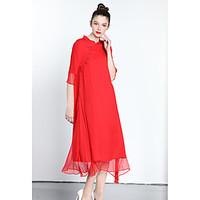 ZIYI Women\'s Casual/Daily Simple Loose DressSolid Round Neck Midi Short Sleeve Silk Summer Mid Rise Inelastic Thin