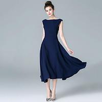 ZIYI Casual/Daily Simple A Line DressSolid Round Neck Midi Sleeveless Cotton Blue Spring Summer Mid Rise Inelastic