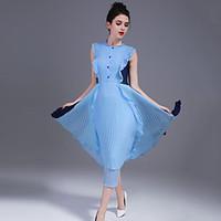 ZIYI Casual/Daily Simple A Line DressSolid Round Neck Midi Sleeveless Polyester Blue Spring Summer Mid Rise Inelastic