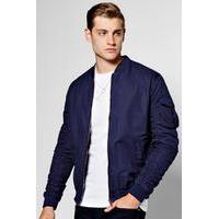 Zip Through Cotton Bomber With Ruched Sleeves - navy