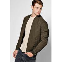 Zip Through Cotton Bomber With Ruched Sleeves - khaki