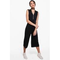 zip front hooded ribbed jumpsuit black