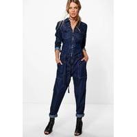 Zip Through Denim Boilersuit - indigo