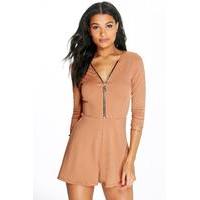 Zip Detail Playsuit - camel