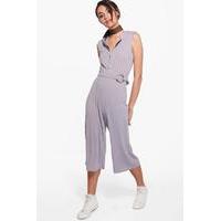 Zip Front Hooded Ribbed Jumpsuit - grey