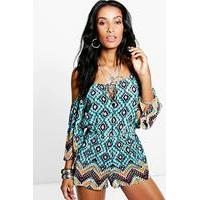 zig zag tile print cold shoulder playsuit blue