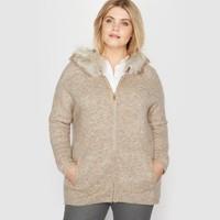 Zip-Up Hooded Cardigan with Faux Fur Trim