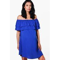 zoe off the shoulder ruffle dress blue