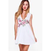 Zoe Applique Detail Plunge Skater Dress - white