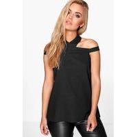 Zoe Open Shoulder Halter Neck Woven Top - black