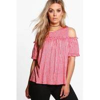 Zoe Gingham Cold Shoulder Ruffle Top - red